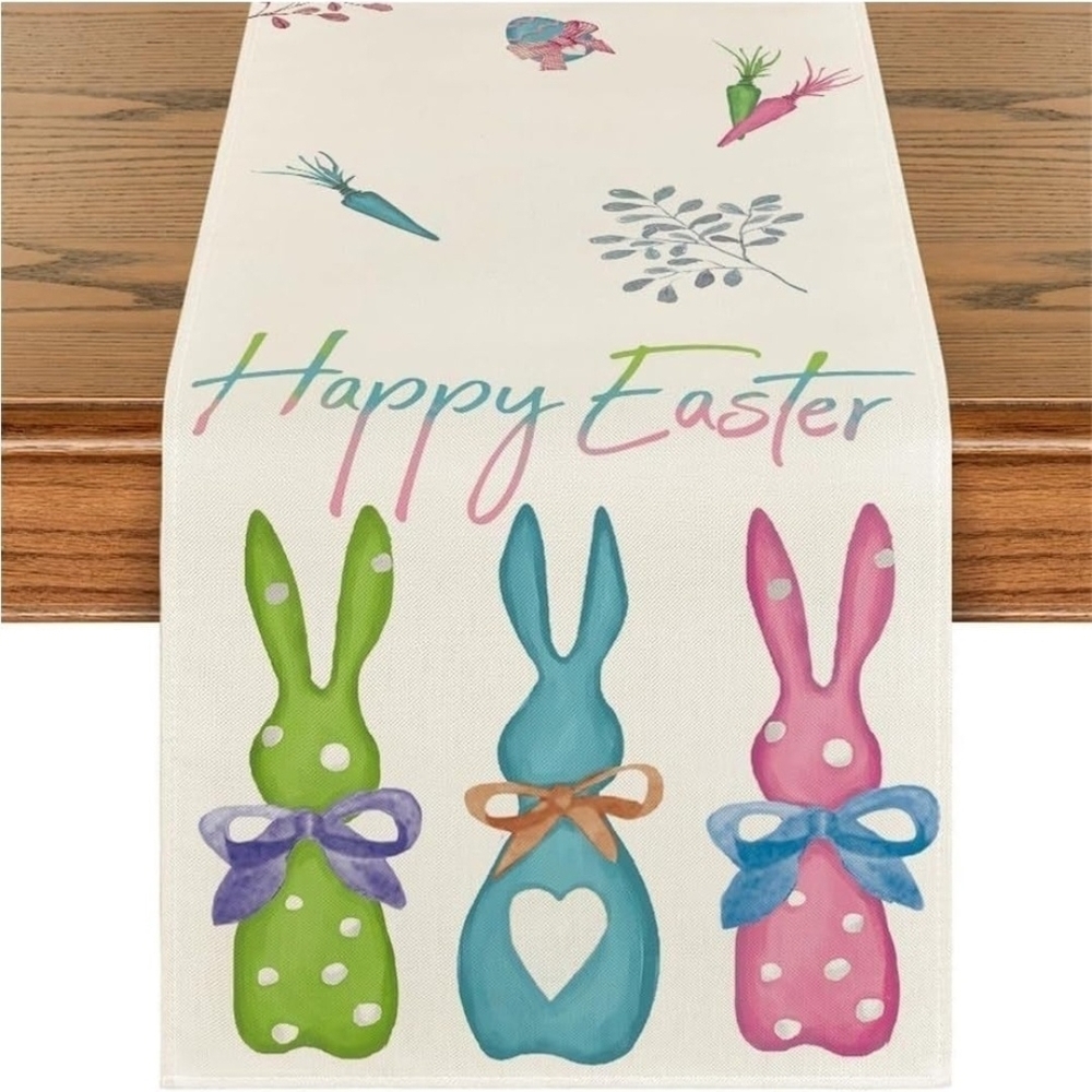Easter Bunny Table Runner with Colorful Pastel Colors, Linen 13" X 72" Long NWT